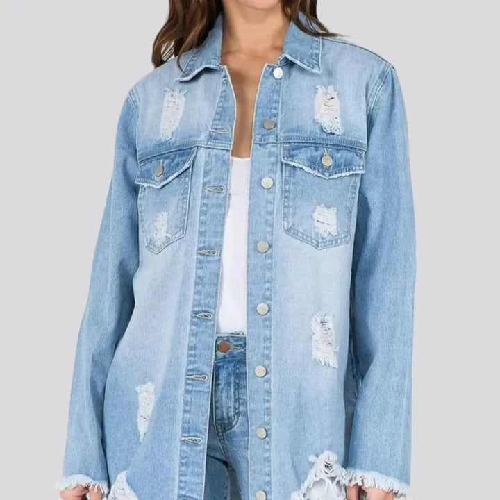 Fashionable distressed women's jean shirt