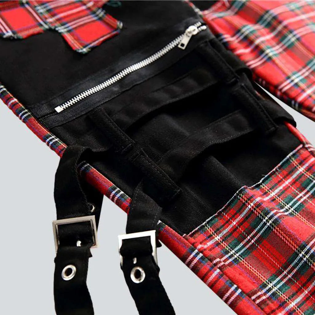 Red checkered patchwork men's jeans