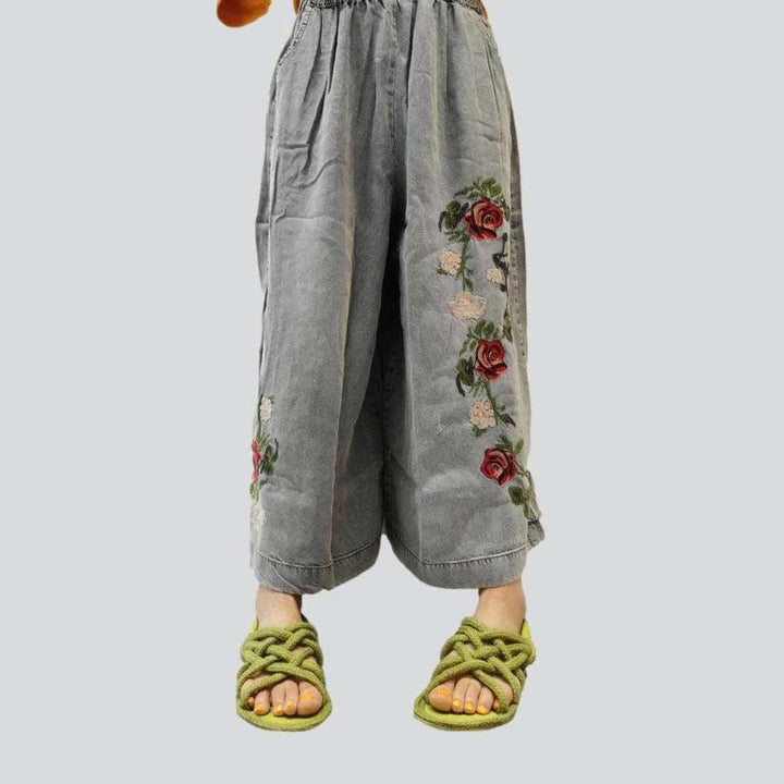 Rose embroidery women's culottes jeans