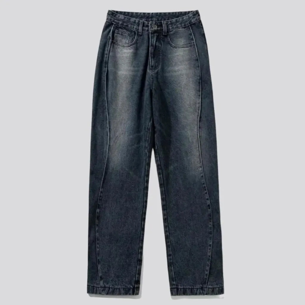 baggy, vintage, sanded, stonewashed, dark, floor-length, high-waist, diagonal-pockets, zipper-button, men's jeans | Jeans4you.shop