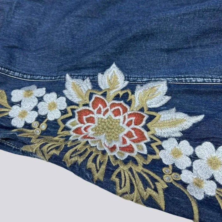 Medium wash embroidered denim dress
 for women