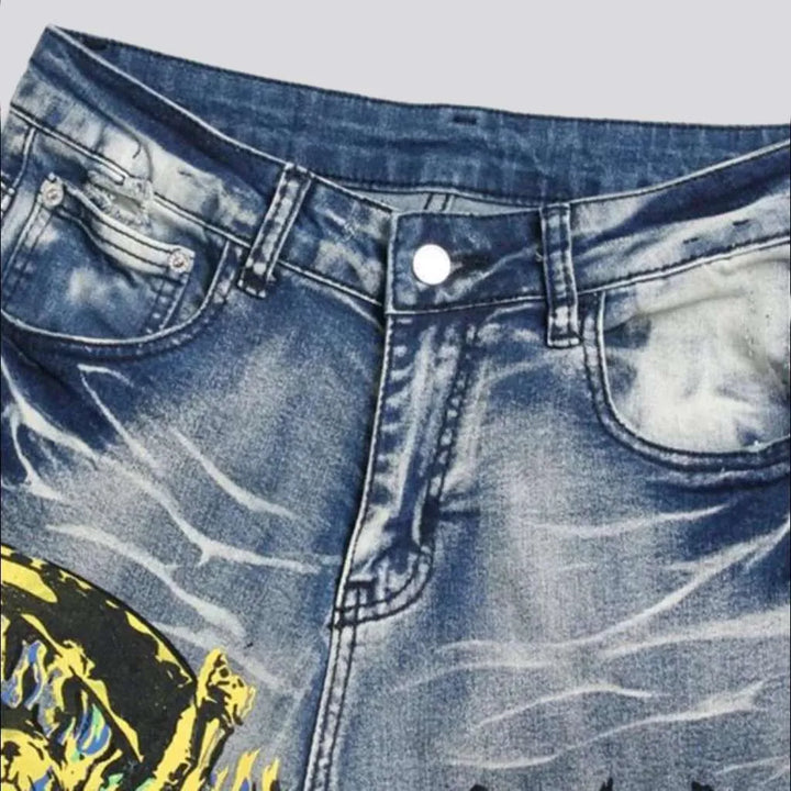 Ripped blue flame print jeans
 for men