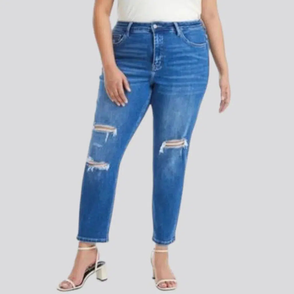 slim, distressed, plus-size, medium-wash, sanded, whiskered, high-waist, zipper-button, 5-pocket, women's jeans | Jeans4you.shop