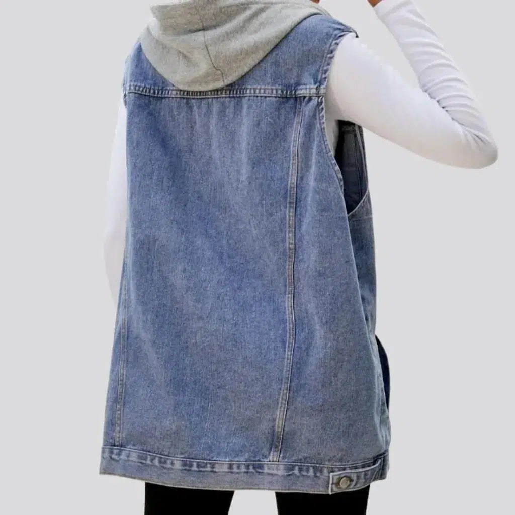 Mixed-fabrics hooded denim vest
 for women