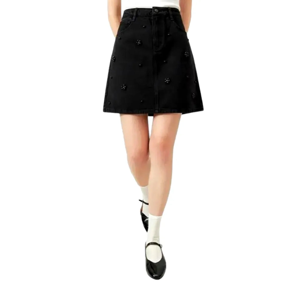 Embellished Miniature High Rise Denim Skirt - Black