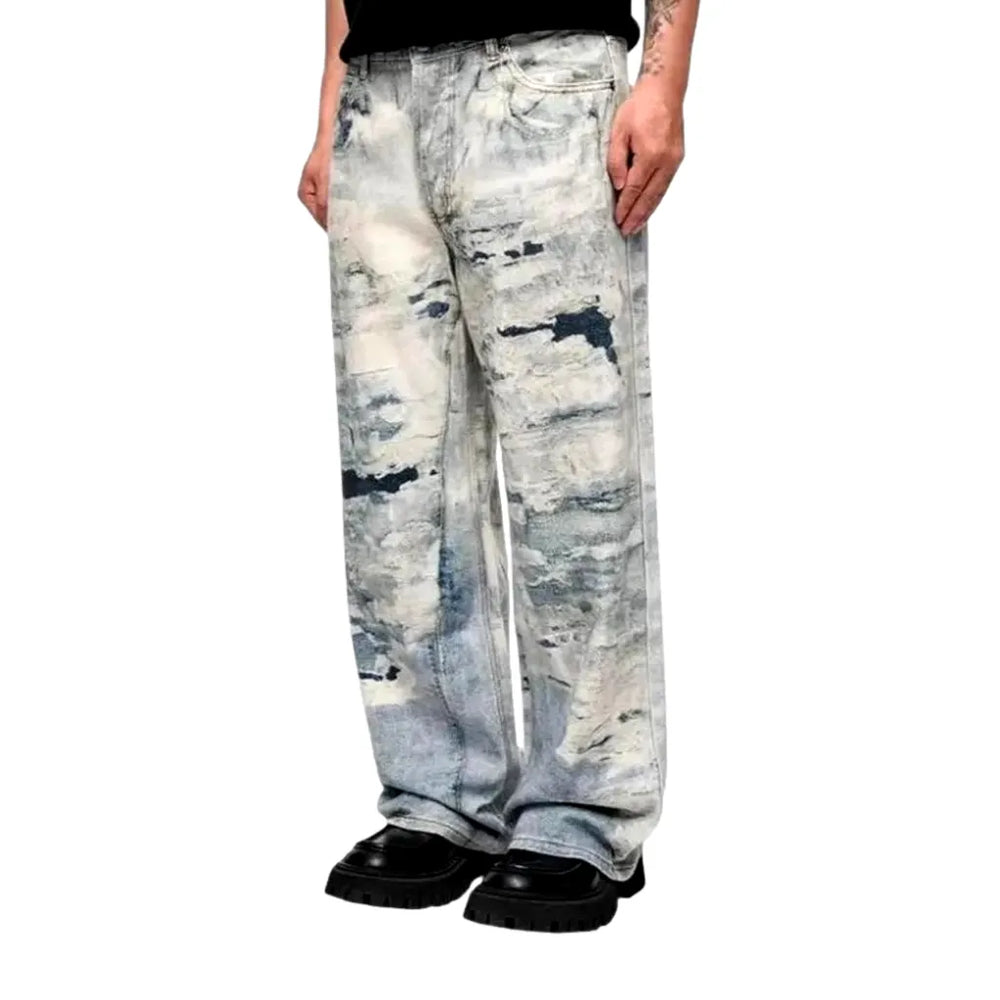 Boho Style Faded Jeans for Men - Light Blue