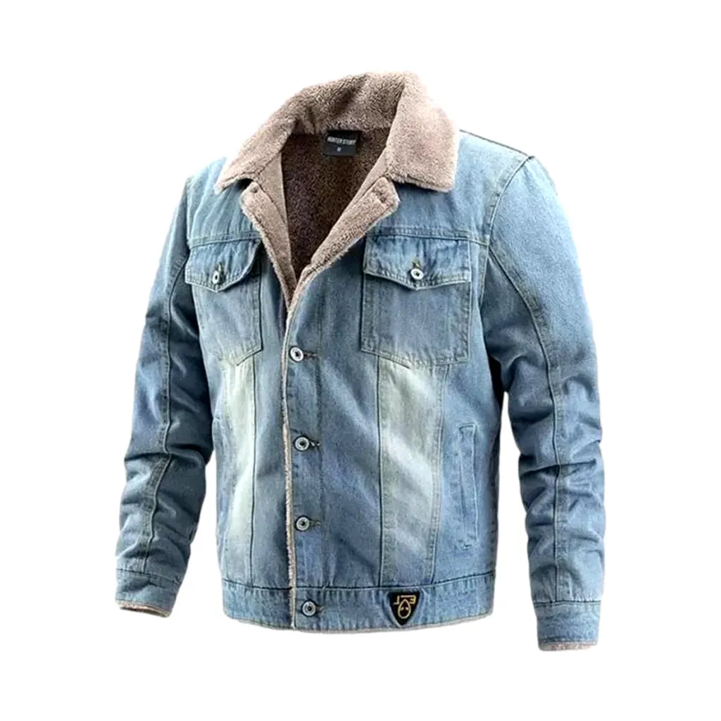 Casual Light Sanded Men's Denim Jacket - Light Blue