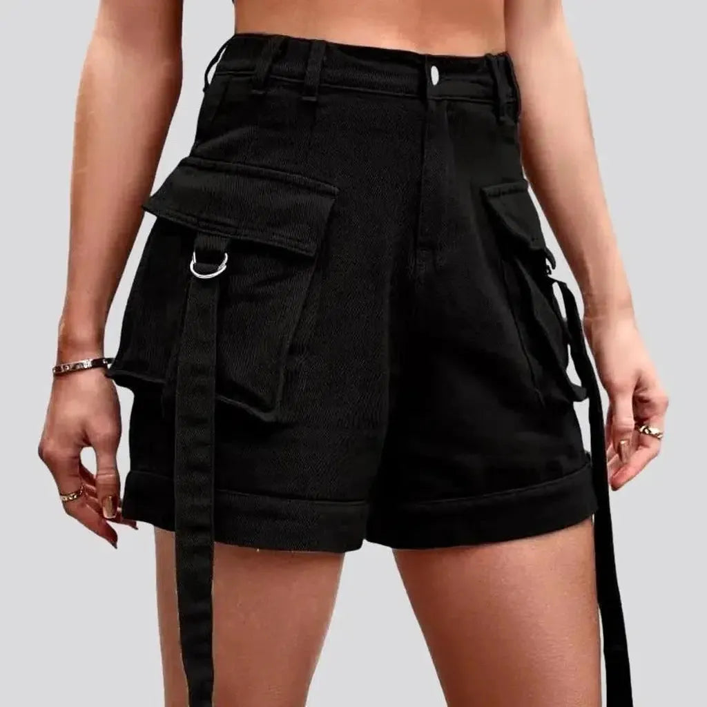 Cargo pocket-straps jeans shorts