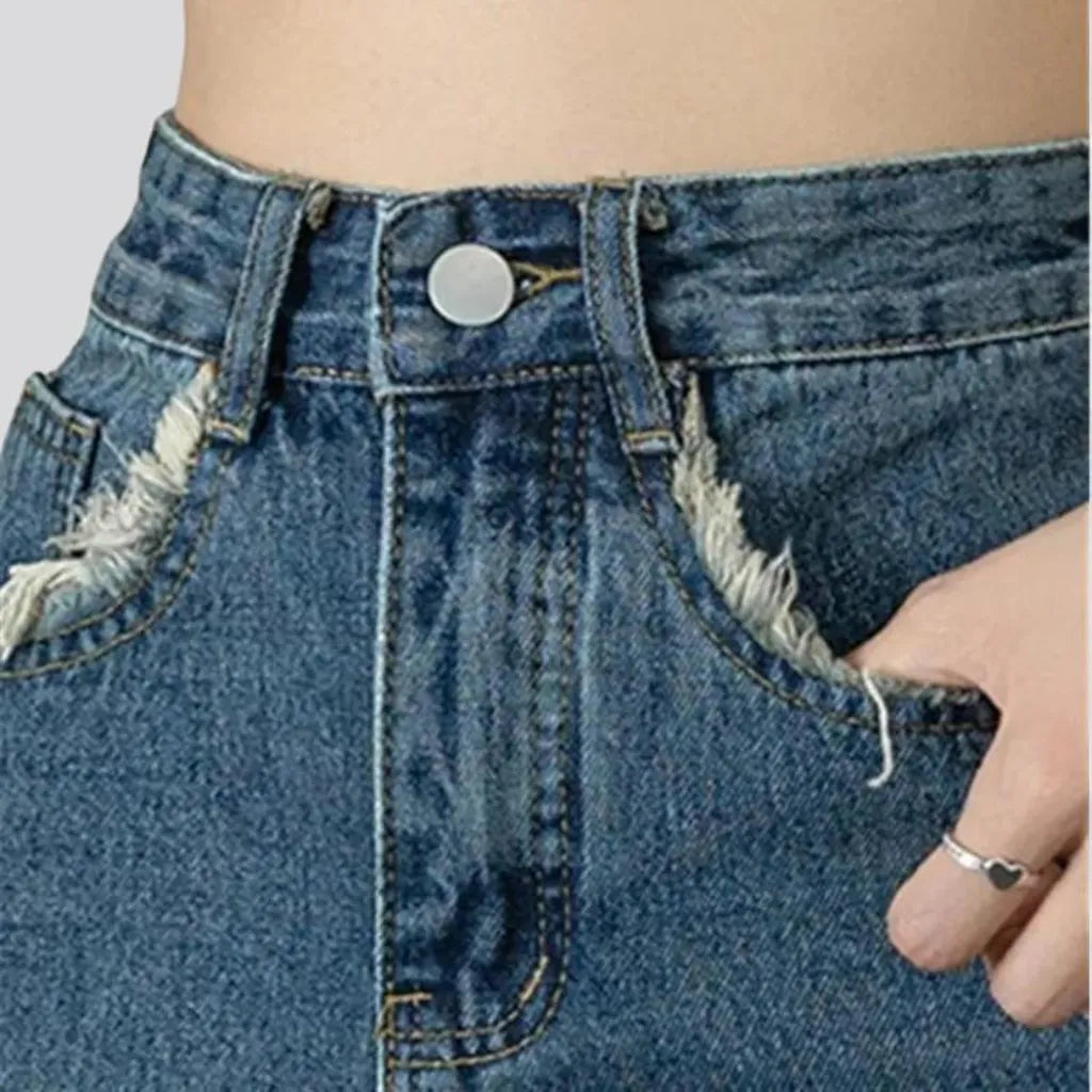Frayed-pockets long jeans skirt
