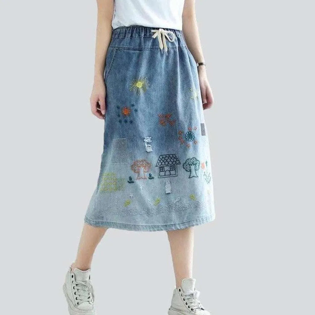 Street fashion embroidered jeans skirt