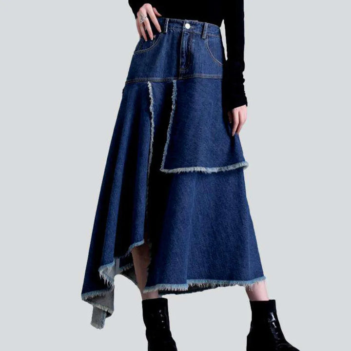 Asymmetric patchwork long denim skirt