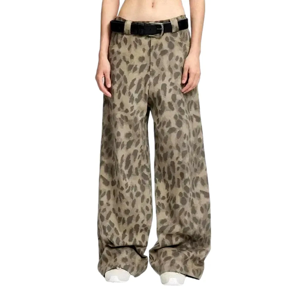 High Rise Animal Print Baggy Jeans for Women - Sand