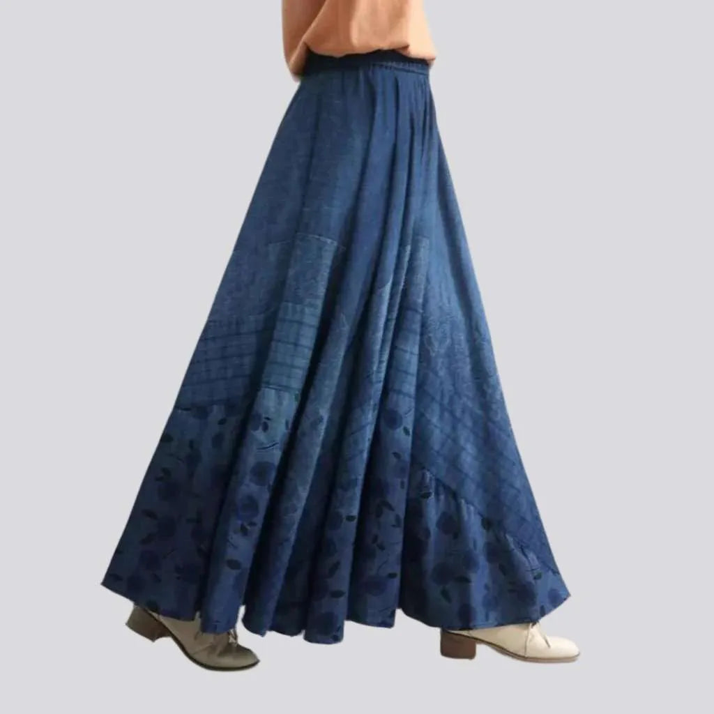 Long dark wash jeans skirt
 for women