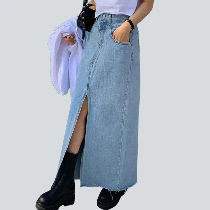 High slit maxi denim skirt