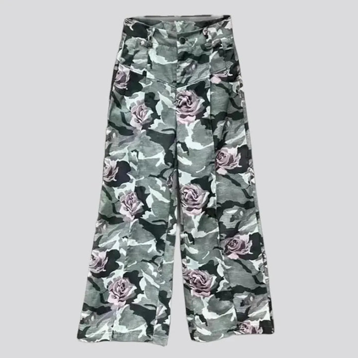 painted, baggy, camouflage, rose-print, mid-waist, zipper-button, women's pants | Jeans4you.shop