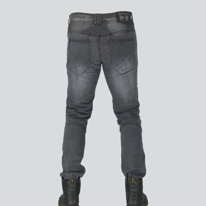 Embroidered grey men's biker jeans