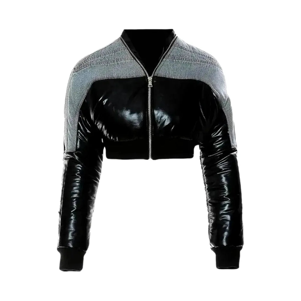 Crop Oversized Women's Latex Puffer Jacket - Black