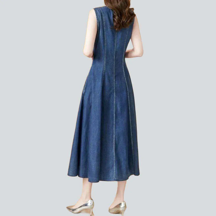 Chinese-style sleeveless denim dress