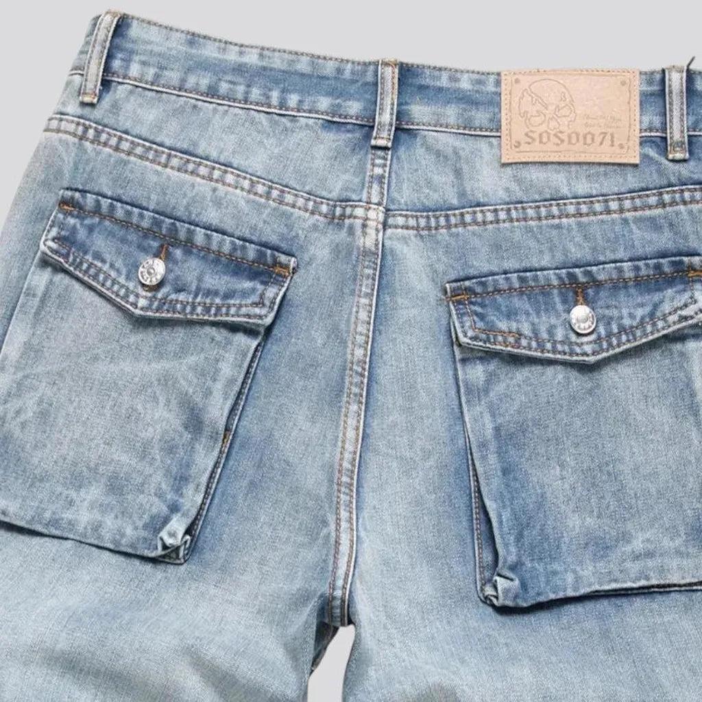 Boho style light wash men's denim shorts