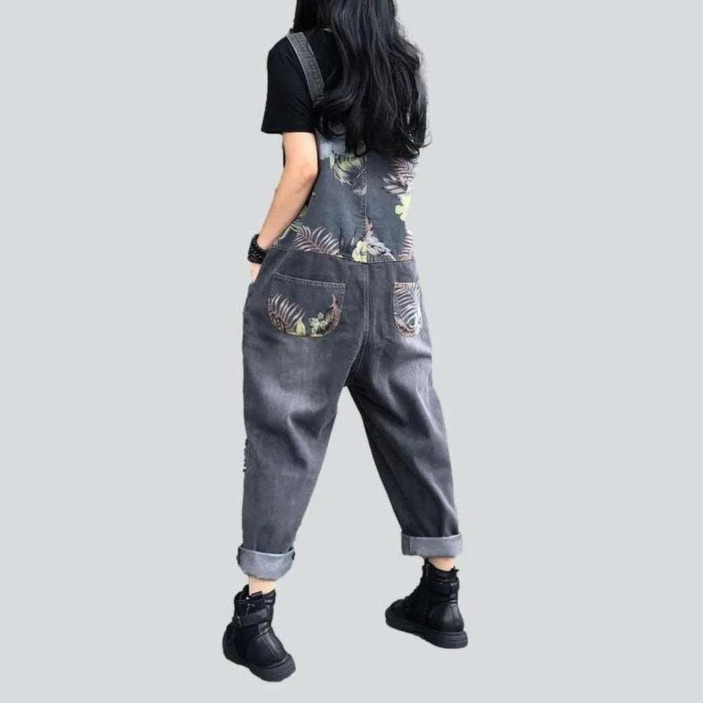 Flower painted grey denim overall