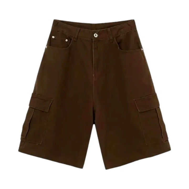 Baggy Cargo Style Mid Rise Men's Denim Shorts - Brown