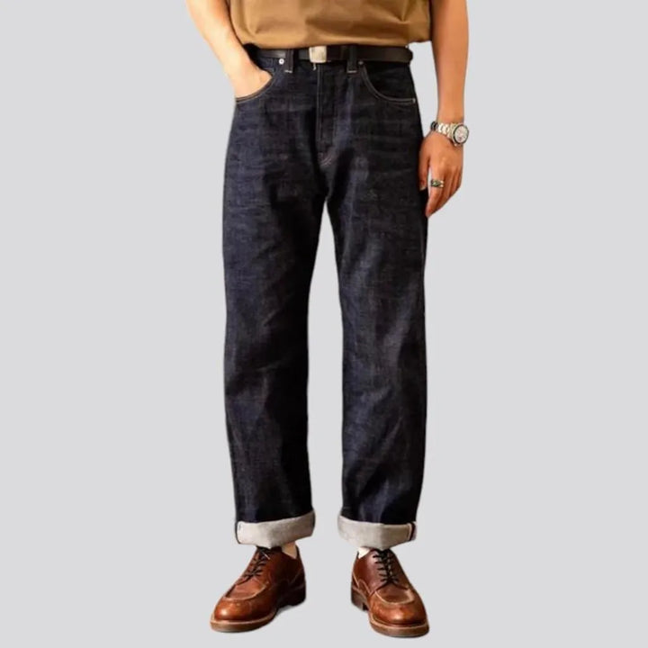 loose, dark-wash, selvedge, 14oz, high-waist, 5-pockets, buttons, men's jeans | Jeans4you.shop