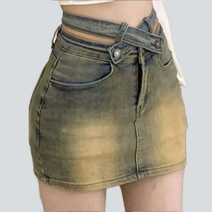 Belt waistband mini denim skirt