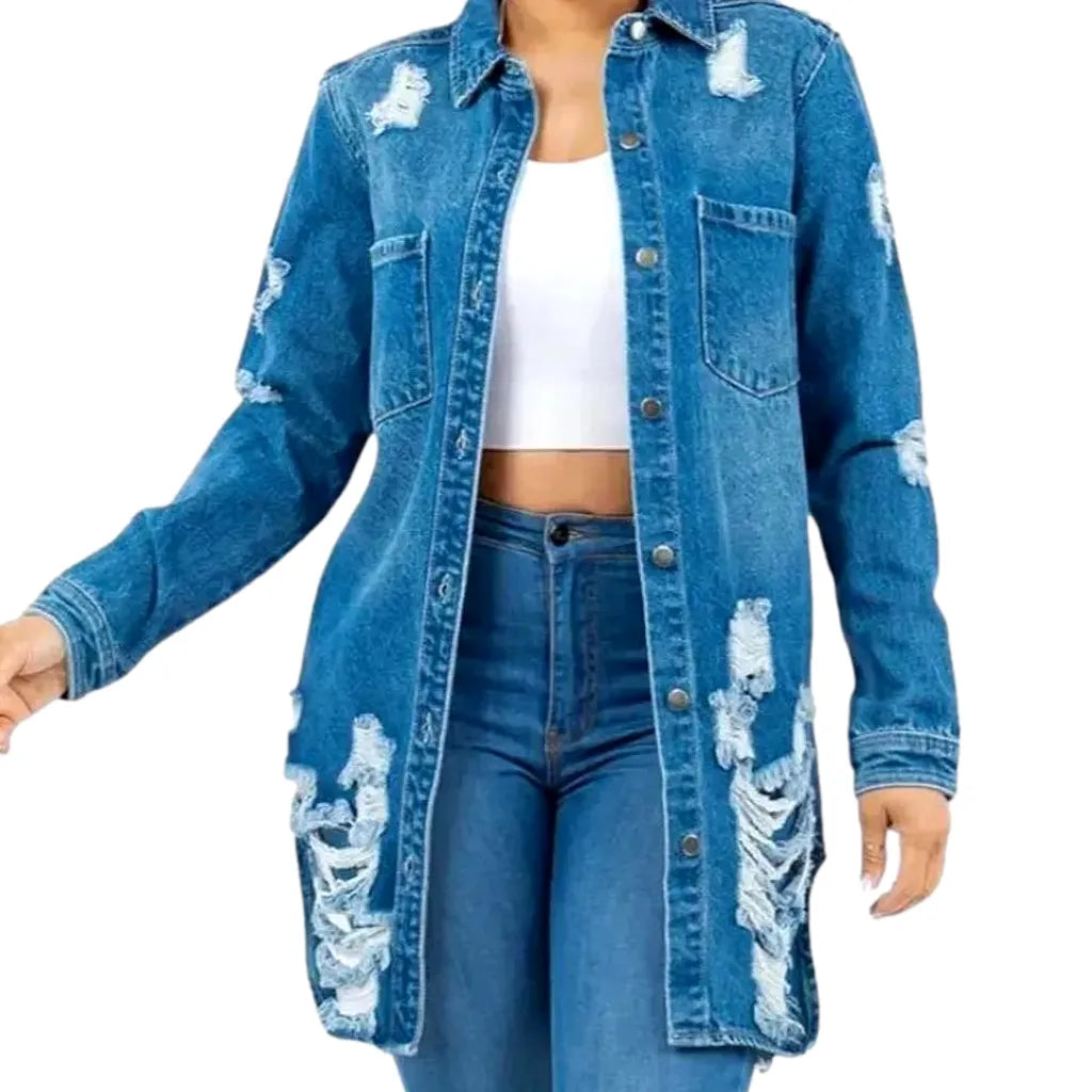 Chic Distressed Jeans Shirt for Women - Blue