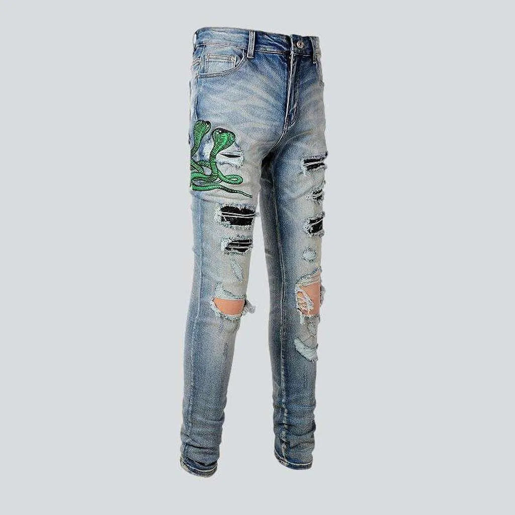 Green cobra embroidery men's jeans
