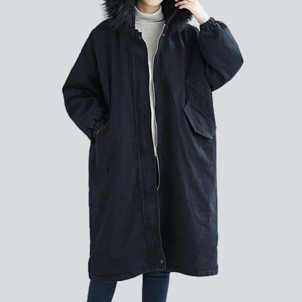 Black denim coat with fur