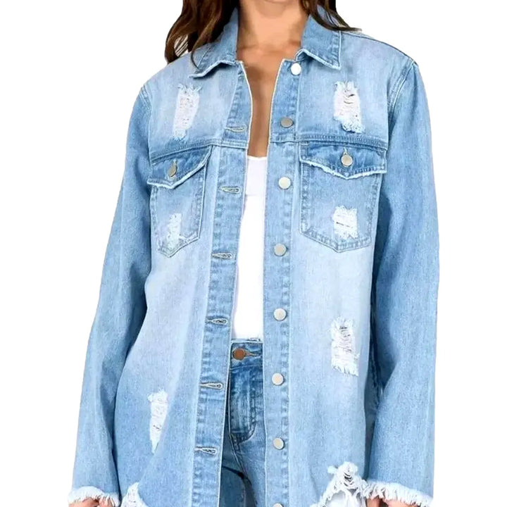 Fashionable Distressed Women's Jean Shirt - Light Blue