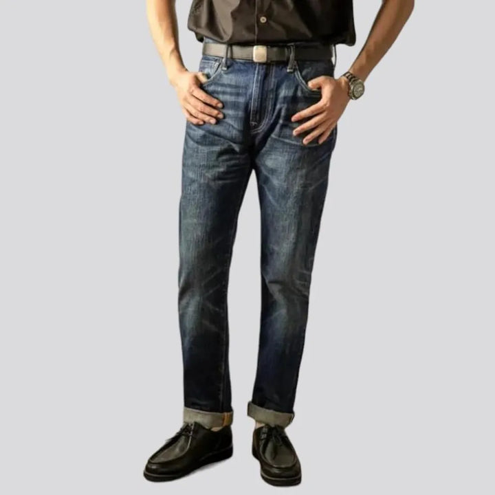 slim, vintage, 16oz, selvedge, sanded, whiskered, high-waist, 5-pockets, zipper-button, men's jeans | Jeans4you.shop