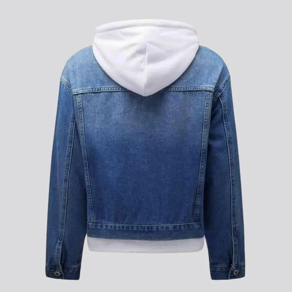 Hooded medium-wash jeans jacket
 for women