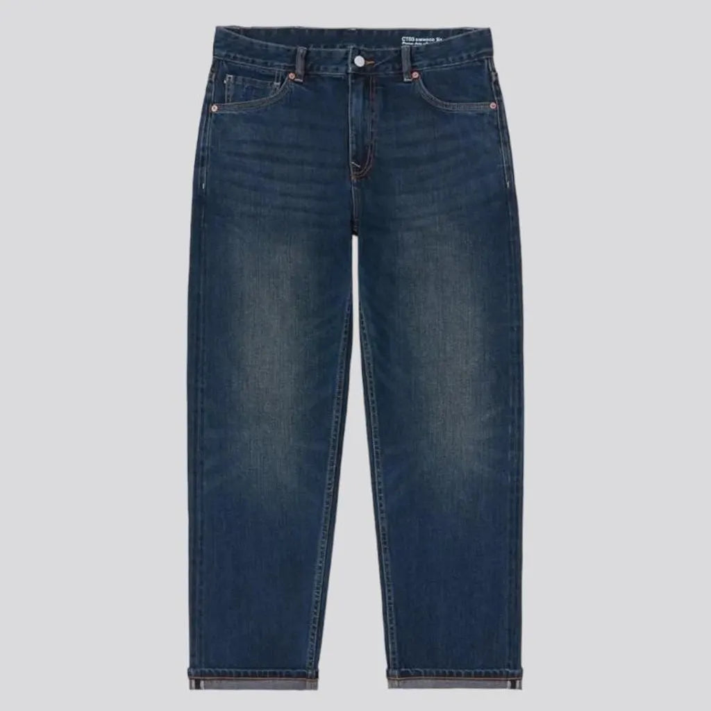 tapered, dark-wash, sanded, whiskered, stonewashed, 12.5oz, selvedge, high-waist, zipper-button, 5-pocket, men's jeans | Jeans4you.shop