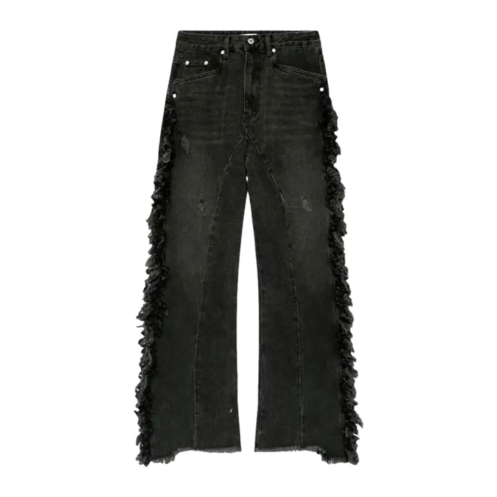 Vintage Fringe Loose Men's Jeans - Black