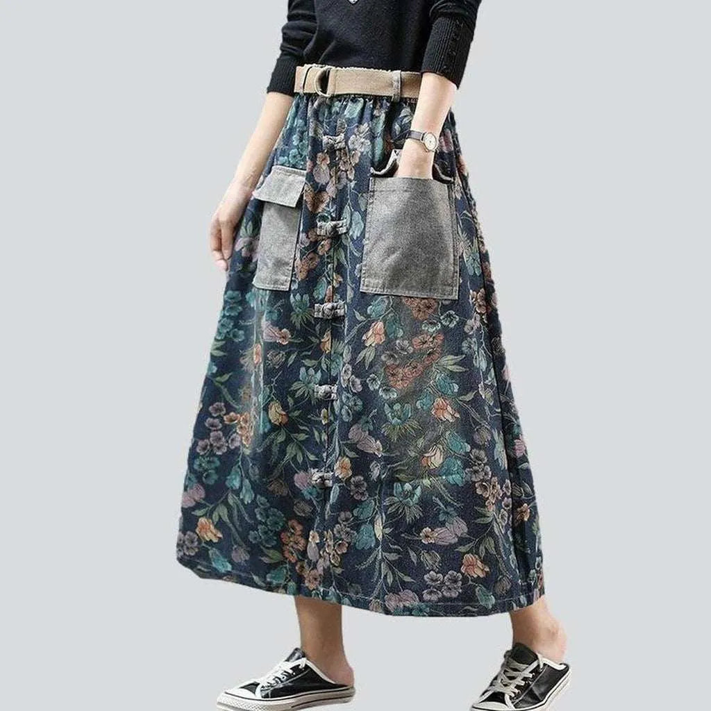 Cargo jeans skirt with flowers