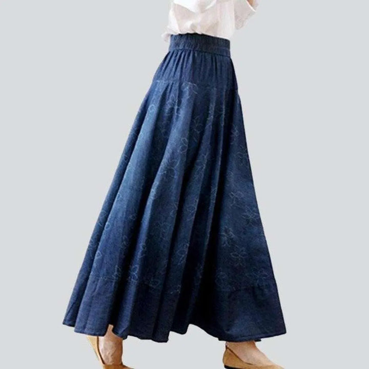 Embroidered flare long denim skirt