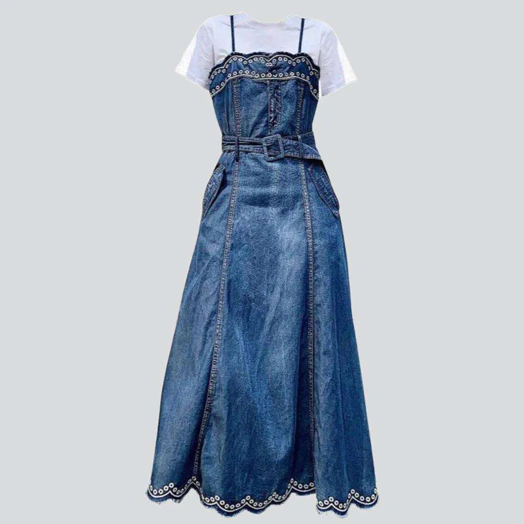 Vintage wash embroidered denim dress
