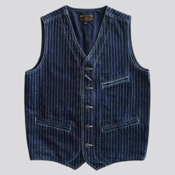 Stylish back-cinch self-edge jean vest for men