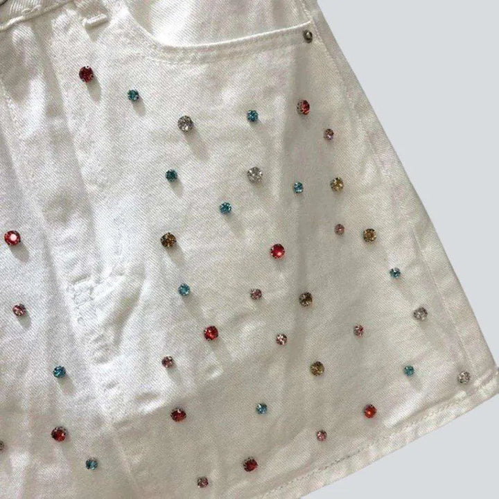 Color crystal-embellished denim skirt
