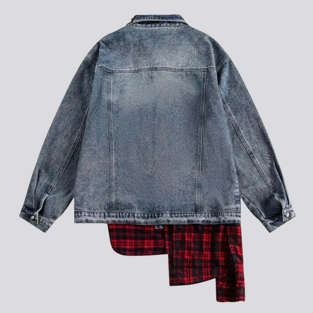 Faded mixed plaid boho jean jacket for men