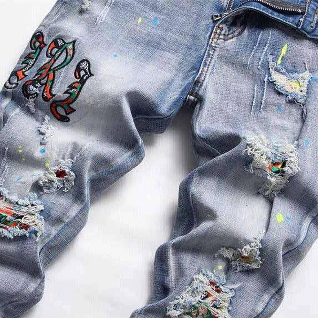 Streetwear embroidered ripped men's jeans