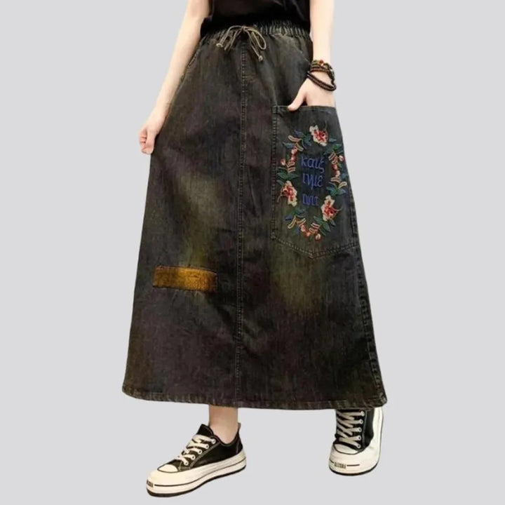 Embroidered boho women's denim skirt