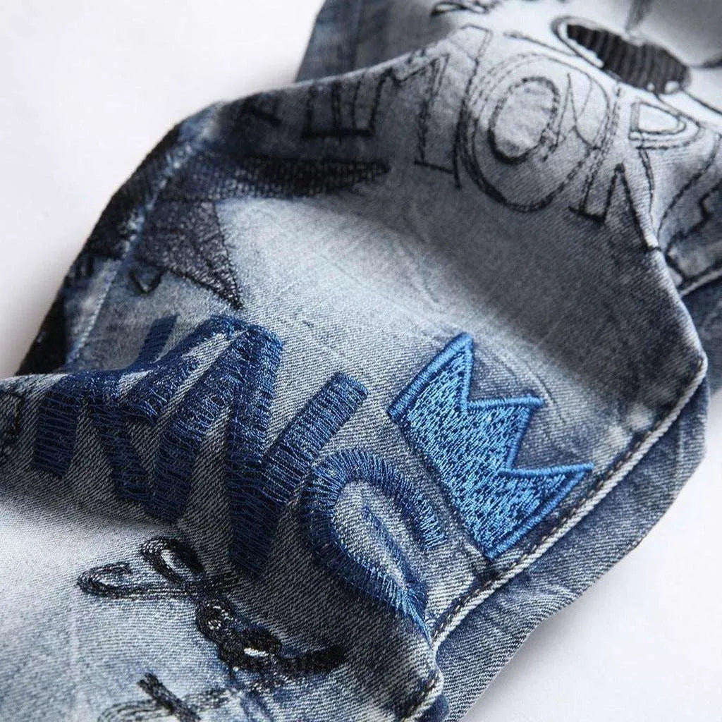 Light wash men's embroidered jeans