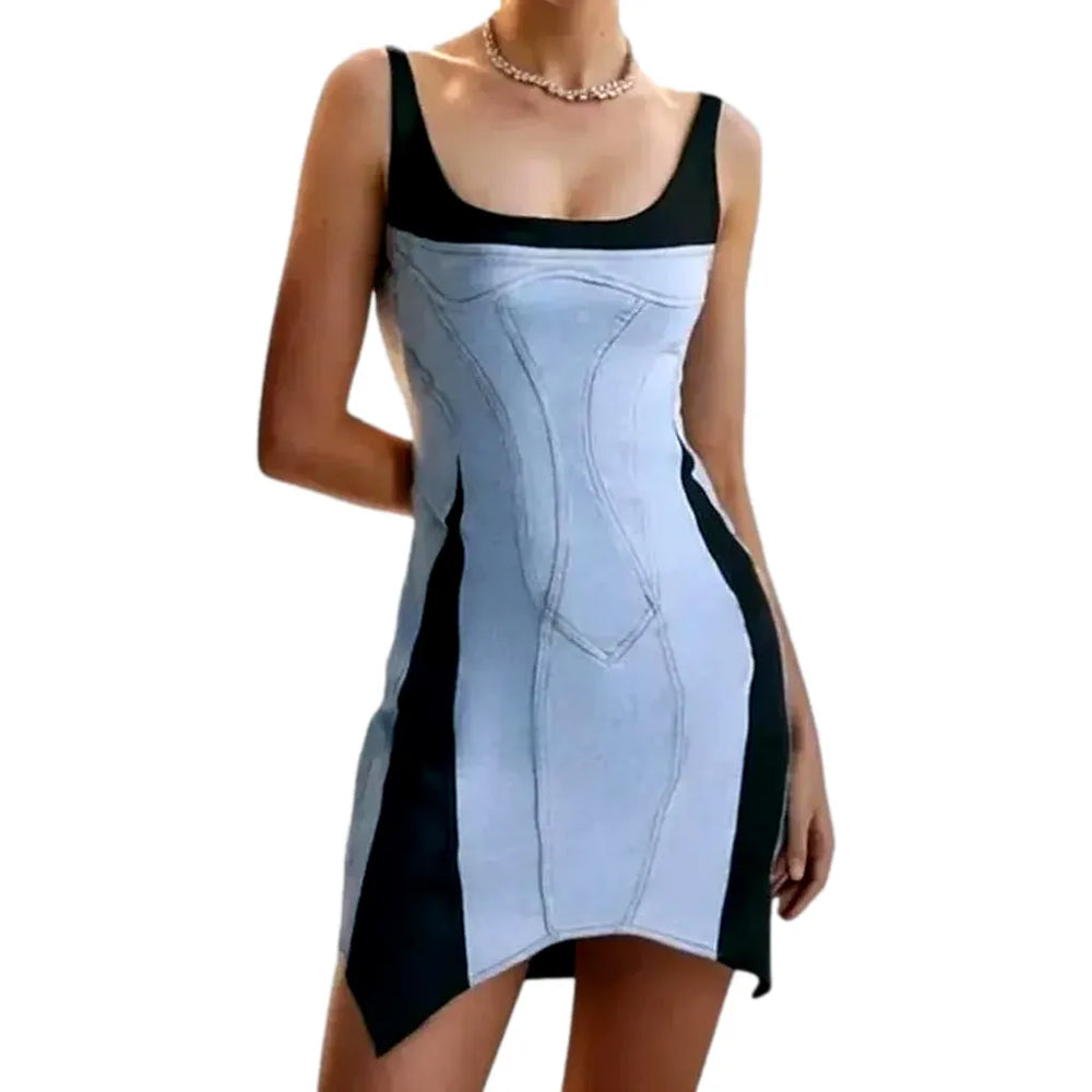 Asymmetrical Elastic Backless Denim Dress - Light Blue