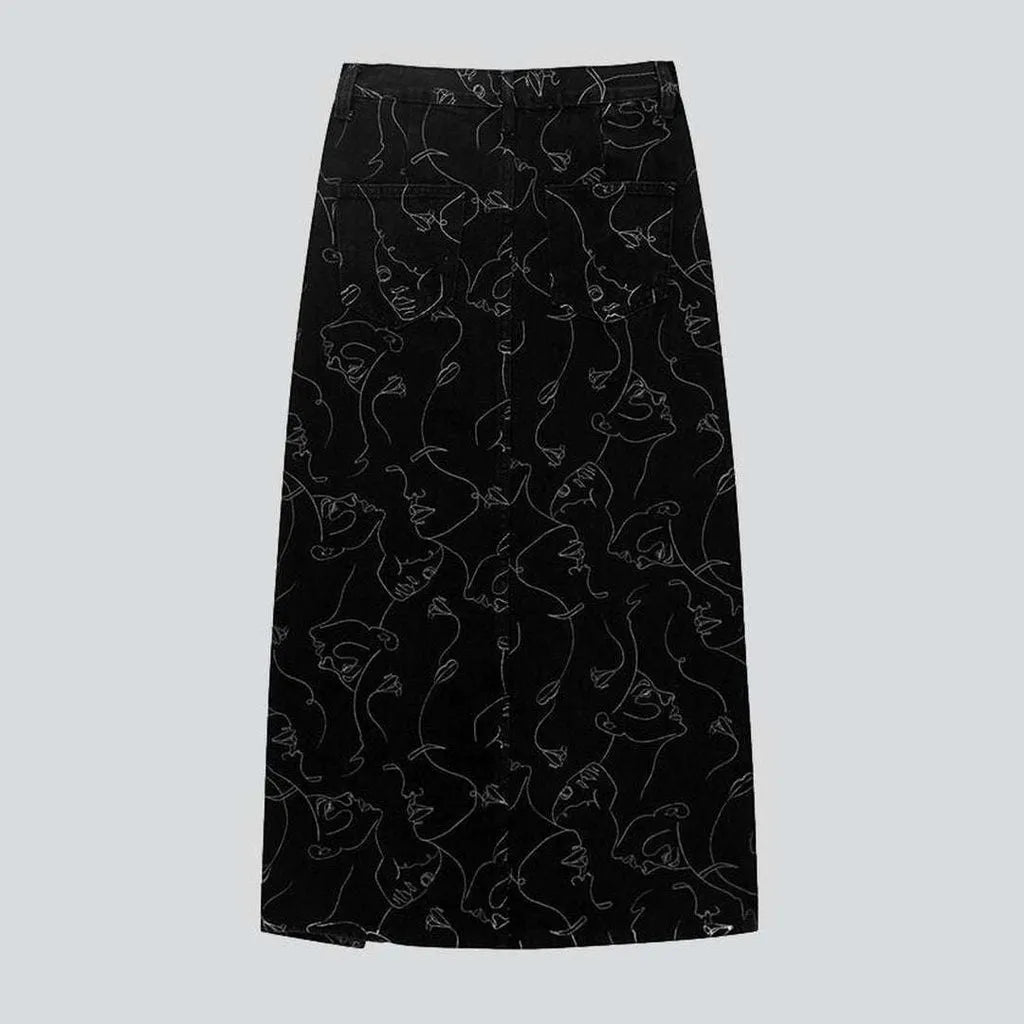 Ornament print long denim skirt