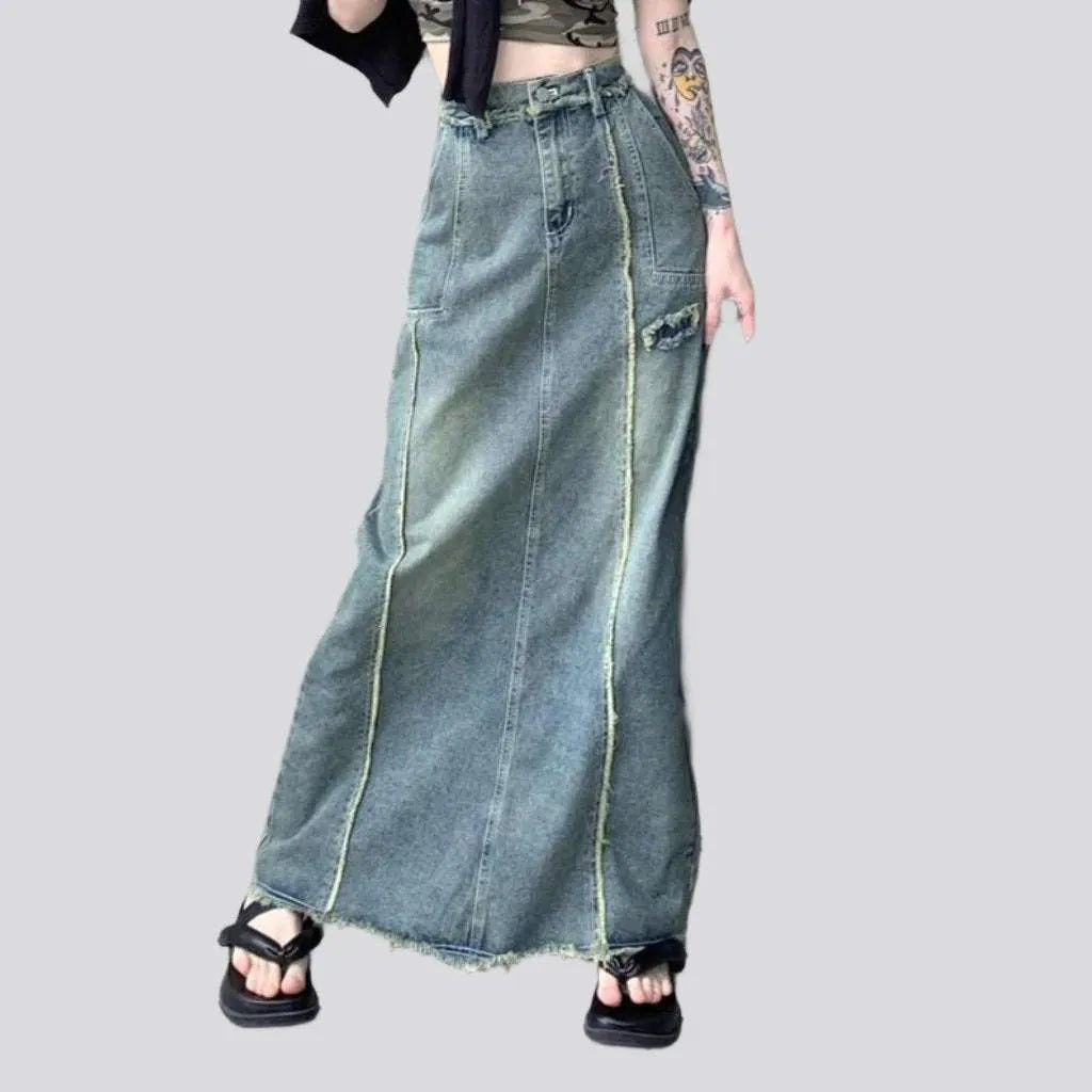 Raw hem high-waist denim skirt
 for ladies