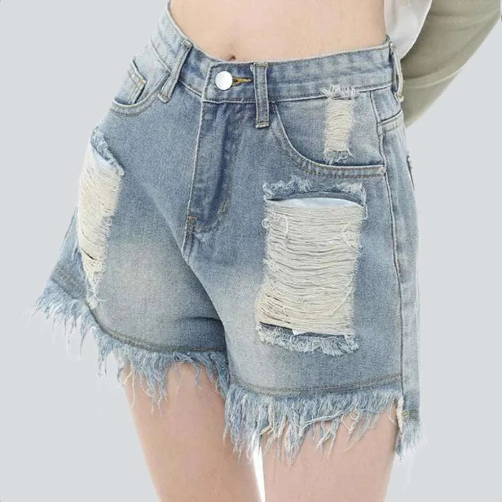 Wide-leg ripped women's denim shorts