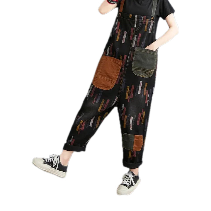 Chic Patchwork Baggy Women's Denim Dungaree - Black