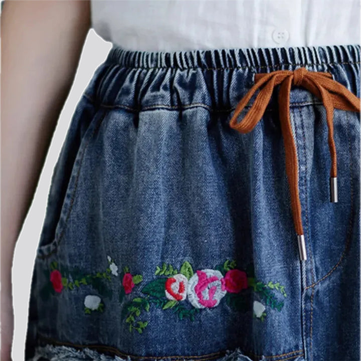 Boho high-rise frayed jeans skirt